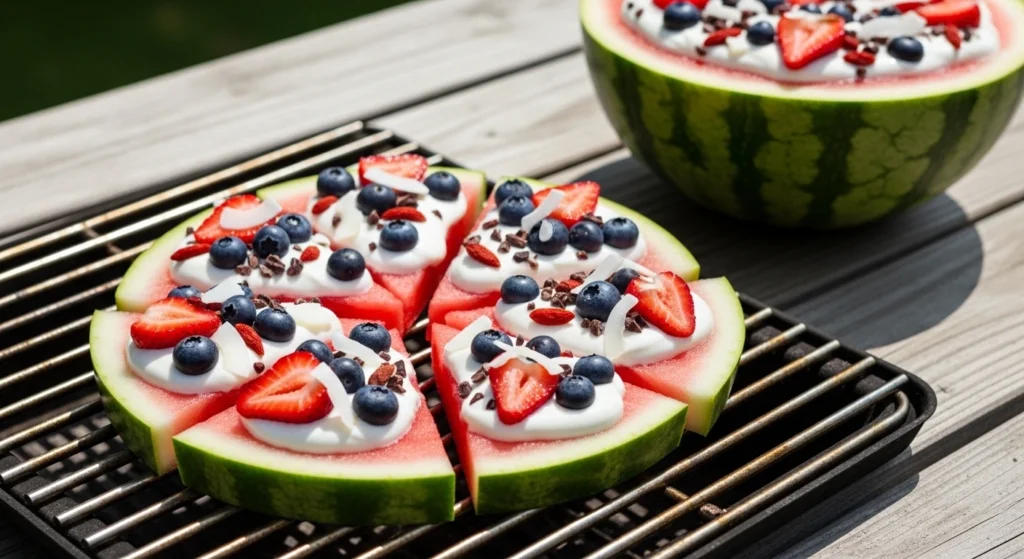 A sunny outdoor photograph of a sliced grilled watermelon dessert resting on a dark barbecue grill grate, topped with sweet cashew cream, fresh berries, and coconut, making the absolute perfect refreshing summer fruit appetizer for a backyard cookout.