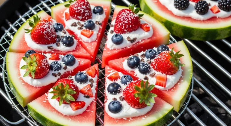 A beautifully lit close-up photograph of a sliced Grilled Watermelon Berry Pizza resting on a metal barbecue grill grate, showcasing juicy watermelon wedges loaded with a creamy dairy-free topping, fresh strawberries, blueberries, and a sprinkle of shredded coconut.
