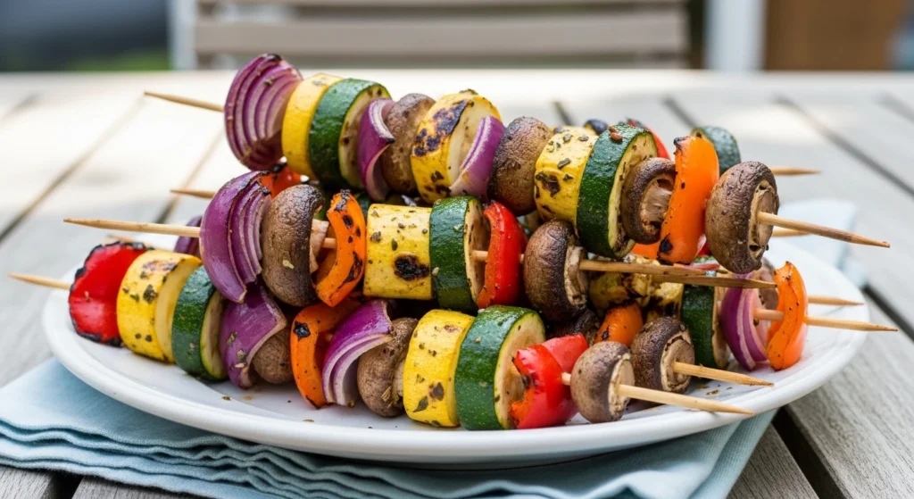 A beautiful stack of easy BBQ veggie skewers made with wooden sticks, featuring perfectly charred red onions, zucchini, yellow squash, and mushrooms on a sunny patio table.