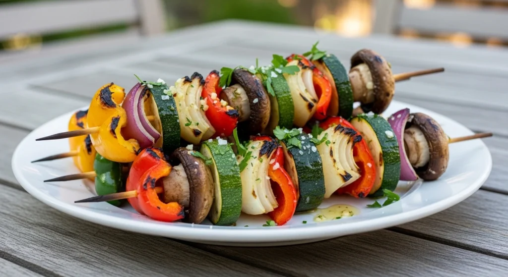 A mouth-watering close-up of delicious grilled vegetable kabobs on a white plate, glistening with a savory garlic herb marinade and sprinkled with fresh parsley and sea salt.