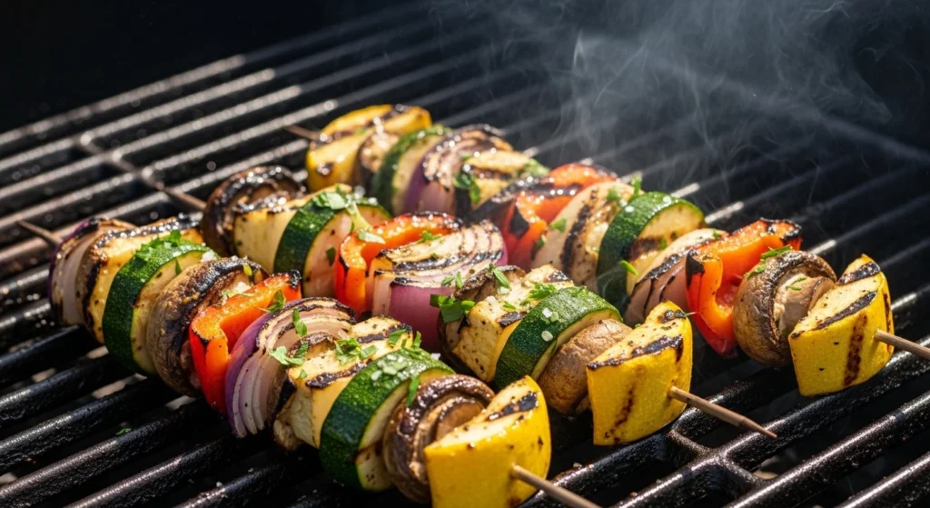 Colorful marinated vegetable skewers cooking on a hot outdoor grill, showing beautiful char marks and rising smoke from the healthy grilled vegetables.