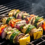 Colorful marinated vegetable skewers cooking on a hot outdoor grill, showing beautiful char marks and rising smoke from the healthy grilled vegetables.