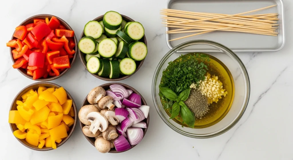 A rustic white platter loaded with healthy grilled vegetables on reusable metal skewers, showcasing tender bell peppers, sweet onions, and cremini mushrooms for a summer side dish.