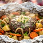 A candid, natural human-shot aesthetic photo of an open hobo foil packet revealing steaming, juicy ground beef, tender potatoes, and carrots. These versatile foil packet recipes with ground beef are perfect for the grill or baked as hobo dinners in the oven!