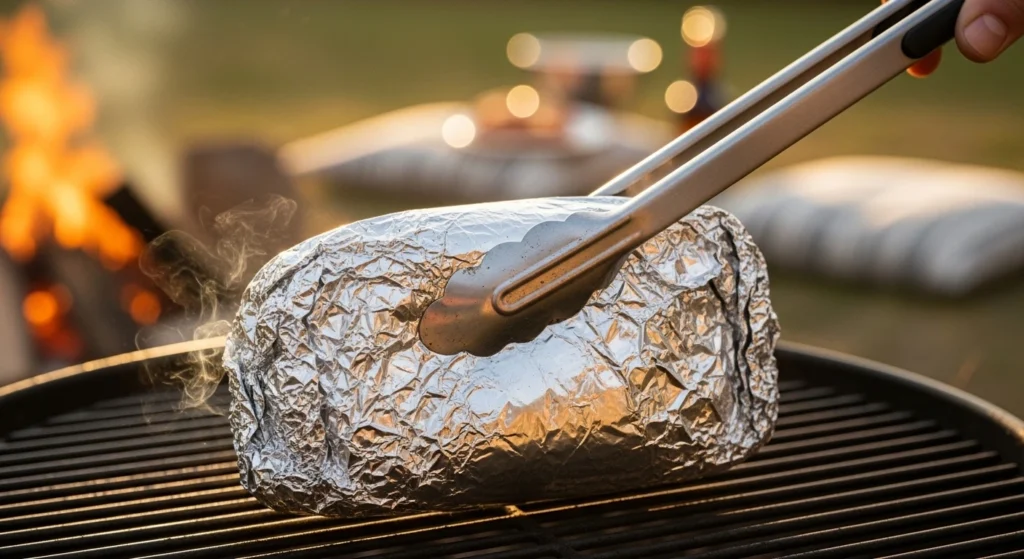 A dynamic action photo of metal tongs lifting a sealed, steaming hobo foil packet off a hot grill grate, showcasing the perfect easy camping meals cooked outdoors with a warm campfire glowing in the background.