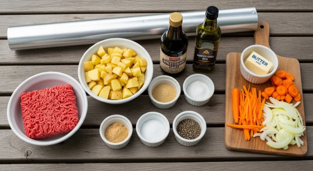 A clean, natural photo displaying the raw ingredients to make hamburger foil packets on a wooden picnic table, including a block of ground beef, diced potatoes, sliced carrots and onions, seasonings, and a roll of aluminum foil.