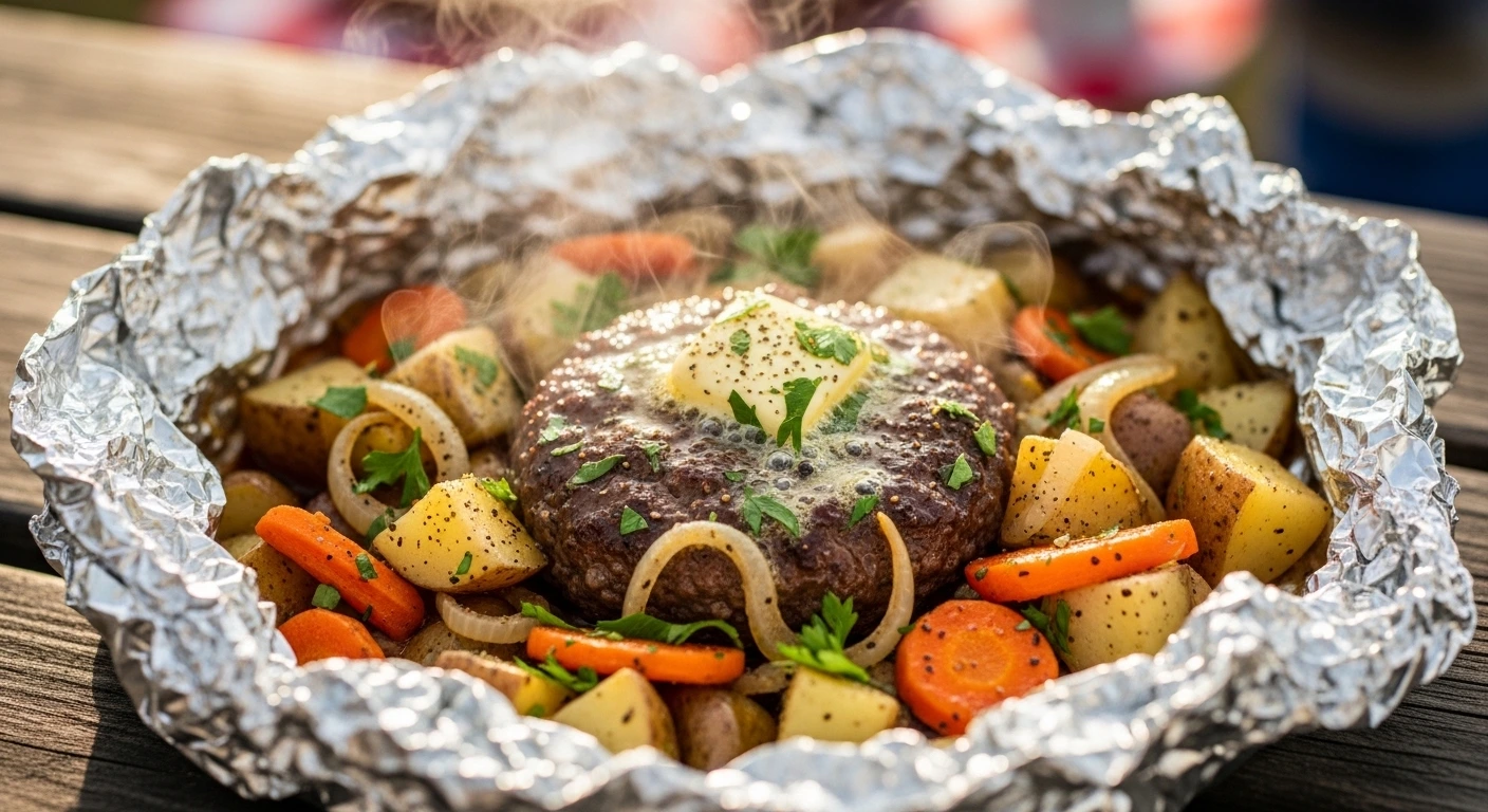 A candid, natural human-shot aesthetic photo of an open hobo foil packet revealing steaming, juicy ground beef, tender potatoes, and carrots. These versatile foil packet recipes with ground beef are perfect for the grill or baked as hobo dinners in the oven!