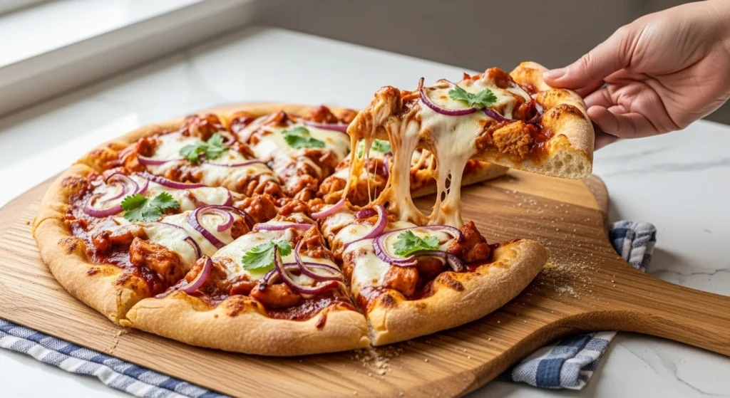 A bright kitchen scene capturing the best BBQ chicken pizza resting on a cornmeal-dusted wooden peel, showing a single slice of shredded chicken and red onion pizza being lifted to highlight the glistening mahogany sauce and airy, artisanal crust edge.