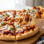 : A candid, beautifully lit close-up of a hand lifting a magnificent slice of homemade BBQ chicken pizza from a wooden peel, revealing an incredible, gooey mozzarella cheese pull alongside smoky chicken, caramelized red onions, and a perfectly golden, bubbly crust.