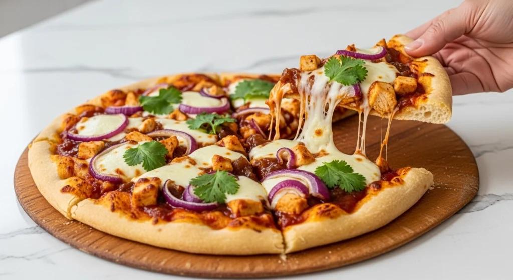 A perfectly baked, easy barbecue chicken pizza resting on a wooden board next to a checkered napkin, featuring a thick, crispy crust topped with juicy chunks of leftover rotisserie chicken, sweet red onions, and vibrant fresh cilantro leaves.