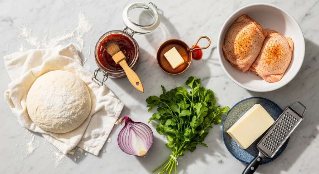 An overhead flat-lay photograph showing exactly how to make BBQ chicken pizza, displaying fresh pizza dough on a floured cloth, raw seasoned chicken thighs, a glass jar of rich BBQ sauce, red onion, fresh cilantro, butter, and a block of mozzarella cheese on a white marble counter.