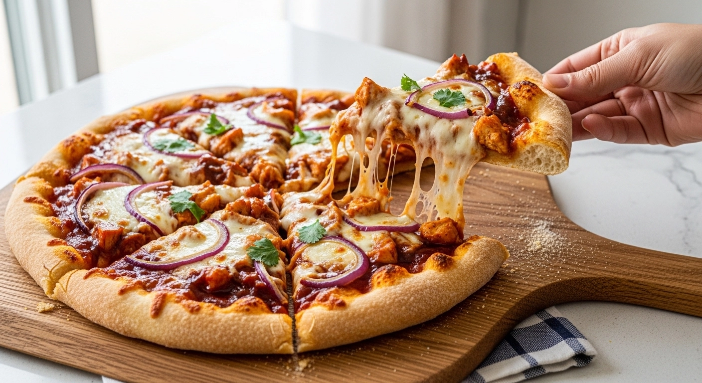 : A candid, beautifully lit close-up of a hand lifting a magnificent slice of homemade BBQ chicken pizza from a wooden peel, revealing an incredible, gooey mozzarella cheese pull alongside smoky chicken, caramelized red onions, and a perfectly golden, bubbly crust.