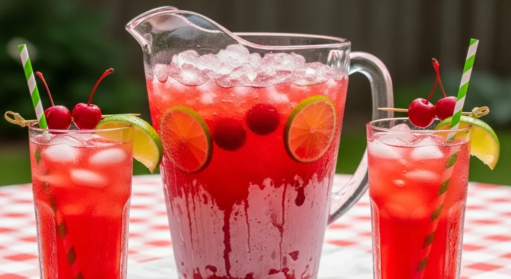 A large, frosty glass pitcher and two tall glasses filled with bright red homemade cherry limeade, packed with crushed ice, fresh lime slices, and maraschino cherries on a red and white checkered tablecloth.