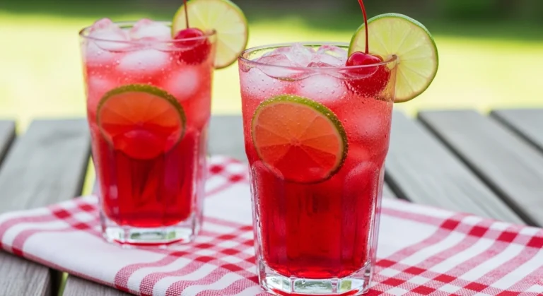 A close-up, refreshing shot of a Sonic copycat cherry limeade in a tall glass covered in condensation, garnished with a bright green lime wheel and a sweet red cherry.