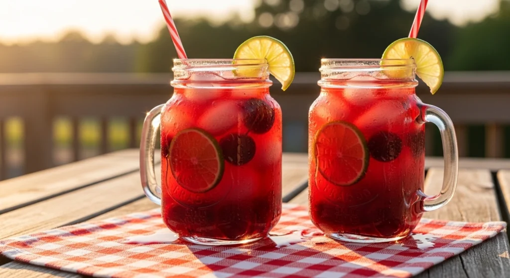Two handled mason jars filled with a vibrant, icy fresh lime juice mocktail, soaking up the afternoon sun on a rustic outdoor patio table.