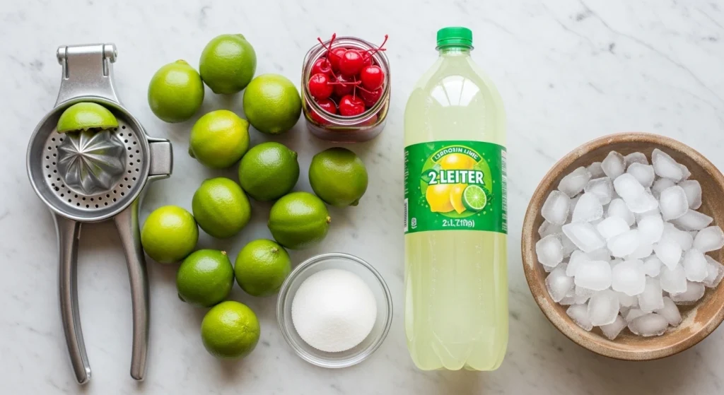 An overhead flat-lay photo displaying the fresh ingredients to make an easy non-alcoholic summer drink, including whole limes, a silver citrus press, lemon-lime soda, superfine sugar, maraschino cherries, and a bowl of crushed ice.