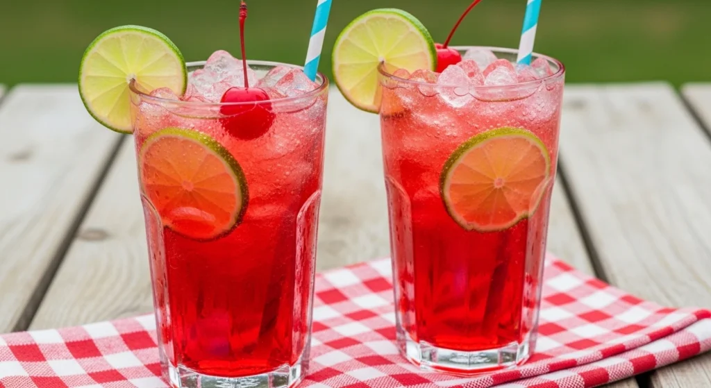 Two tall, ice-cold glasses of kid-friendly summer beverages featuring vibrant red maraschino cherry lime punch, fun striped straws, and fresh fruit garnishes ready to be served.