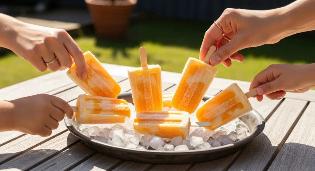 A close-up, appetizing photo of a hand holding a homemade orange creamsicle popsicle recipe with visible fruit slices, enjoyed on a sun-drenched patio next to a glass of strawberry lemonade.