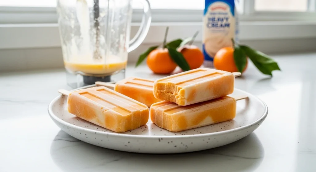Three homemade orange creamsicle popsicles resting on a ceramic plate on a kitchen counter, with a blender, fresh mandarin oranges, and heavy cream in the background.