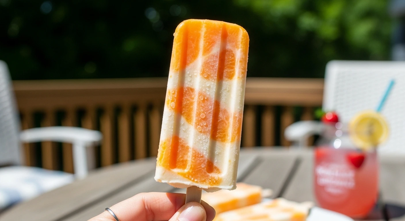 A candid, natural photo of a hand holding a swirled orange creamsicle dessert on a sunny outdoor patio, showing the creamy texture and frosty condensation.