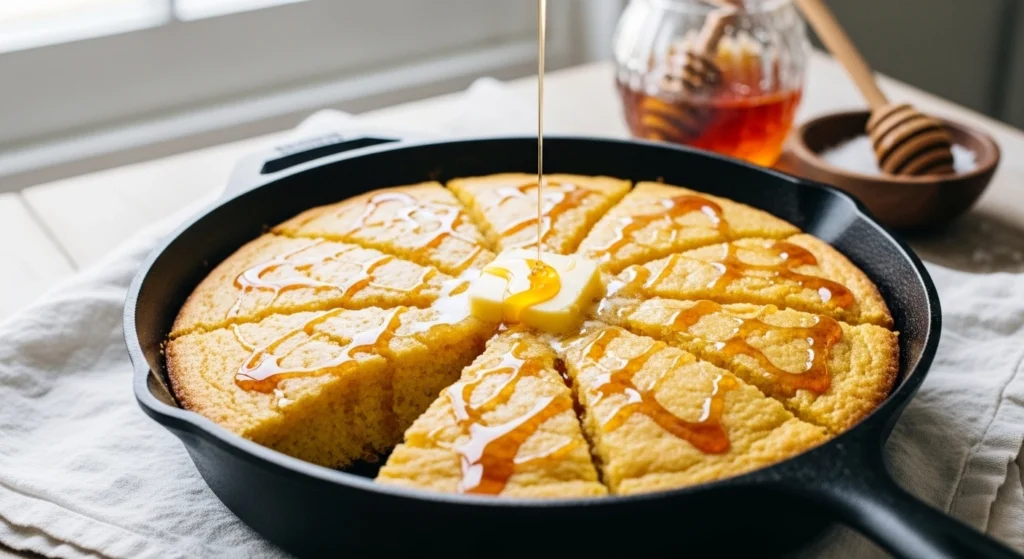 A candid, beautifully lit close-up of a golden Homemade Sweet Cornbread sliced into wedges in a black cast-iron skillet, featuring a melting pat of butter and a glossy stream of honey being drizzled over the crispy, golden crust.