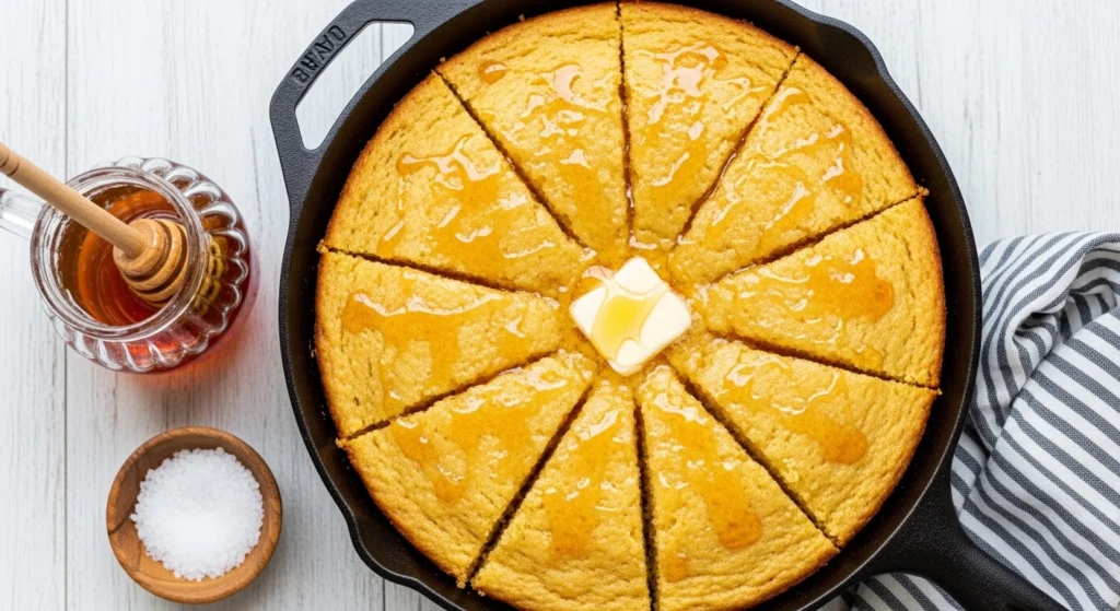 A top-down overhead shot of a completed cast-iron skillet cornbread recipe, perfectly sliced into eight symmetrical wedges and garnished with honey and butter, sitting next to a glass honey pot and sea salt.