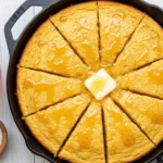 A top-down overhead shot of a completed cast-iron skillet cornbread recipe, perfectly sliced into eight symmetrical wedges and garnished with honey and butter, sitting next to a glass honey pot and sea salt.