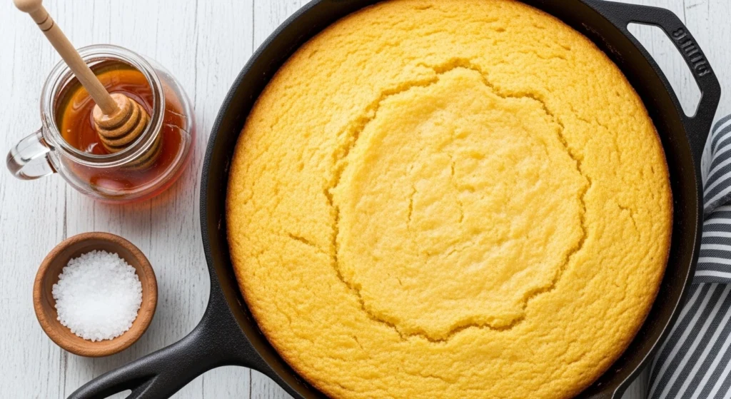 A photorealistic wide shot of a whole, golden easy old-fashioned cornbread freshly baked in a cast-iron skillet, resting on a rustic wooden surface with soft natural light highlighting the textured, golden-brown top.