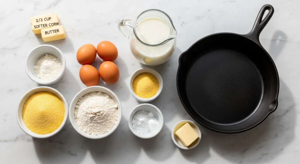 An overhead flat-lay photograph on a white marble counter displaying the ingredients for the best cornbread recipe from scratch, including yellow cornmeal, flour, sugar, eggs, a pitcher of milk, and a seasoned 12-inch cast-iron skillet.