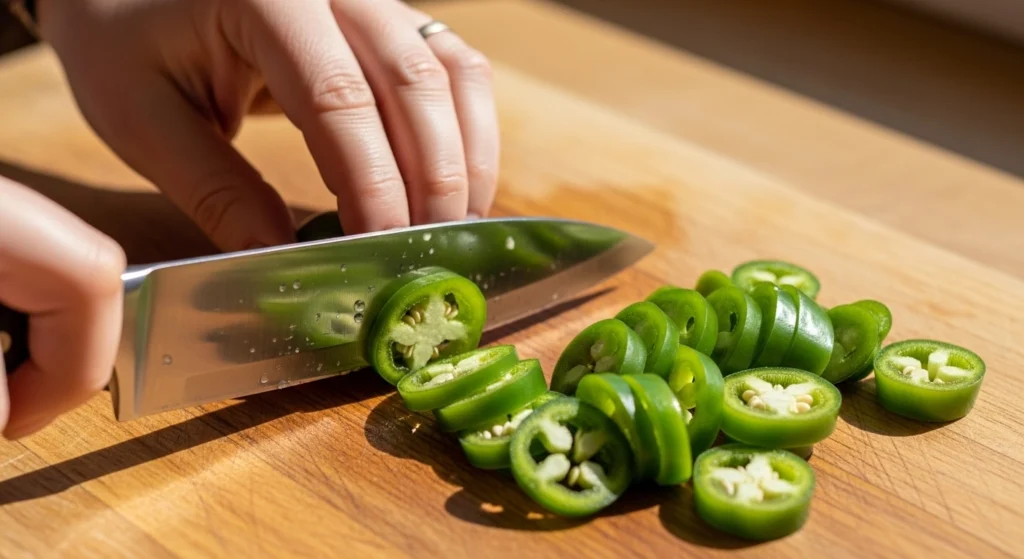 A close-up action shot of hands using a chef's knife to slice fresh green jalapeños into thin rings on a wooden cutting board to make spicy cornbread muffins.