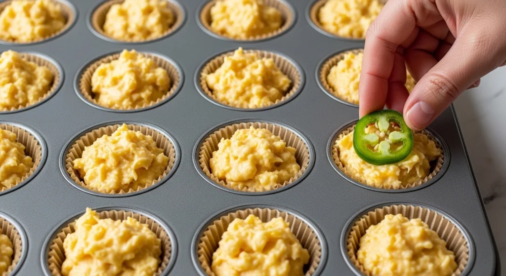 A photorealistic close-up of a hand placing a fresh jalapeño slice on top of thick, cheesy homemade corn muffins batter in a paper-lined metal baking tin.