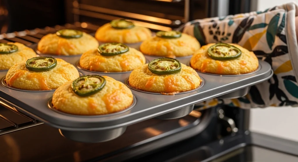 A dynamic action shot of a hand wearing a patterned oven mitt pulling a tin of freshly baked, golden easy jalapeño cornbread out of a warm, glowing oven.