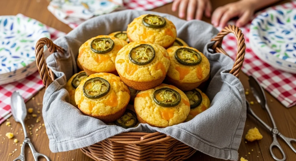 A highly photorealistic, natural aesthetic photo of savory corn muffins topped with roasted jalapeño slices, beautifully presented in a rustic wire basket with a blue gingham cloth.