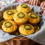 A highly photorealistic, natural aesthetic photo of savory corn muffins topped with roasted jalapeño slices, beautifully presented in a rustic wire basket with a blue gingham cloth.