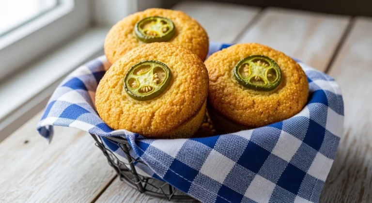 A candid, bright photo of three golden-brown Jalapeño Cheddar Cornbread Muffins resting in a wire basket lined with a blue checkered napkin, placed on a weathered wooden table by a sunny window.