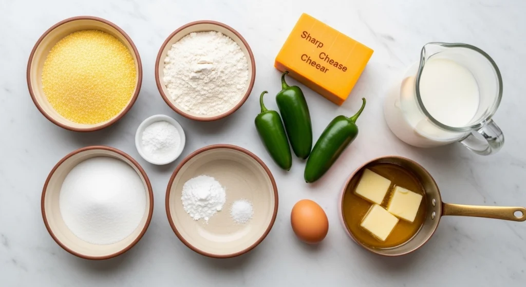 A bright overhead flat lay on a white marble counter displaying the raw ingredients for jalapeño cheddar muffins, including yellow cornmeal, sharp cheddar cheese, fresh jalapeños, butter, milk, and eggs.