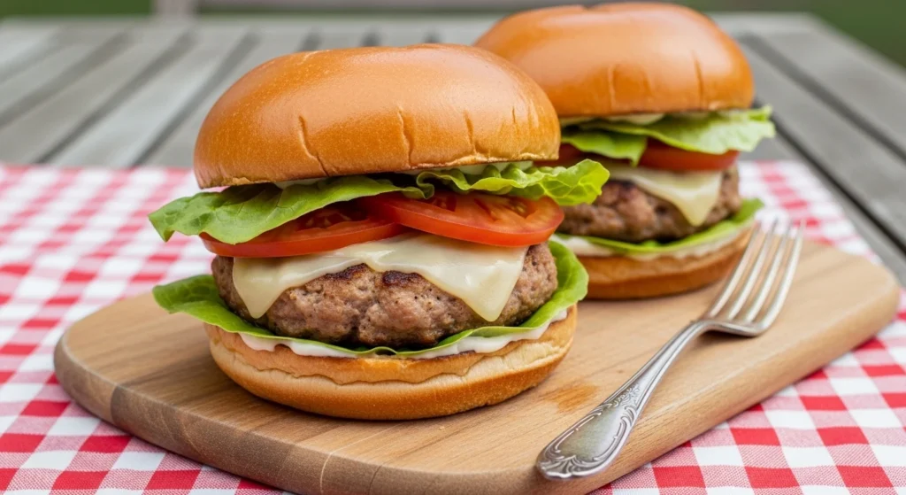 Two beautifully assembled stovetop turkey burgers resting side-by-side on a wooden serving board outdoors, showcasing thick, moist patties, dripping cheese, and fresh vegetables for a perfect summer cookout.