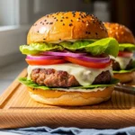 A candid, close-up photograph of a thick, juicy ground turkey burger stacked with melted white cheese, red onion, tomato, and lettuce on a toasted sesame brioche bun, resting on a wooden board in a bright kitchen.