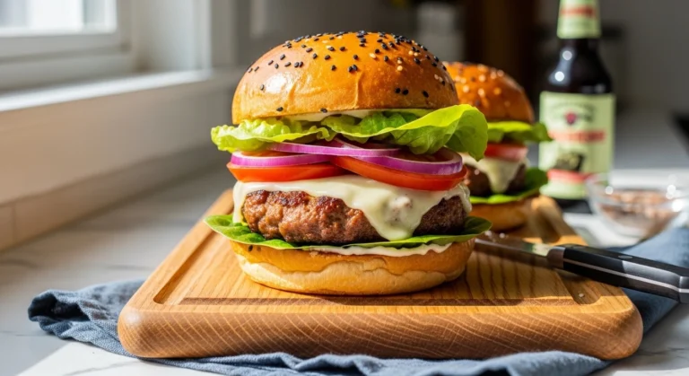 A candid, close-up photograph of a thick, juicy ground turkey burger stacked with melted white cheese, red onion, tomato, and lettuce on a toasted sesame brioche bun, resting on a wooden board in a bright kitchen.