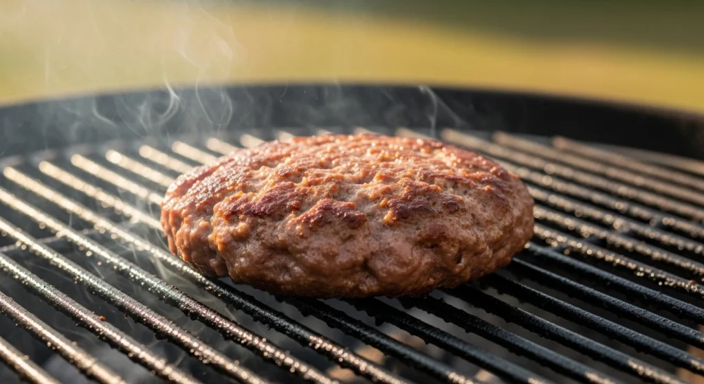 A close-up action photograph of easy ground turkey patties sizzling on a hot barbecue grill grate during golden hour, highlighting the beautifully charred, moist, and savory exterior of the cooked meat.