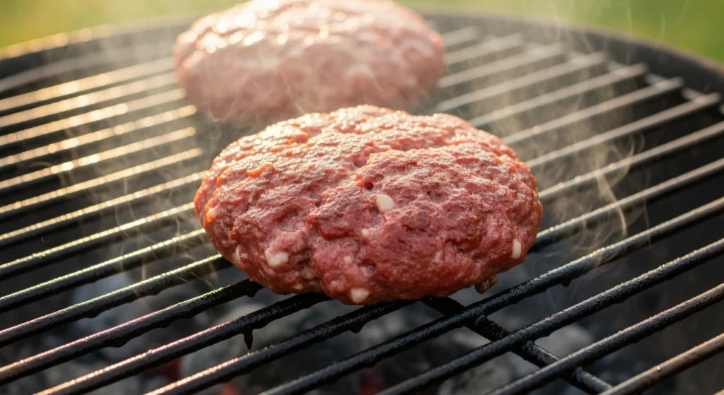 A close-up shot showing how to make juicy turkey burgers, featuring a thick, perfectly formed raw turkey patty just starting to cook and sizzle on a hot outdoor charcoal grill grate with steam gently rising.