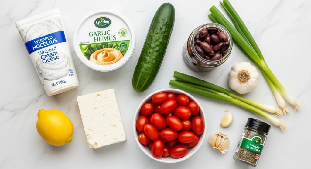 A bright flat lay of fresh ingredients to make a make-ahead dip recipe, including a block of feta, bright grape tomatoes, a whole cucumber, green onions, fresh lemon, garlic, and tubs of whipped cream cheese and garlic hummus on a white marble counter.