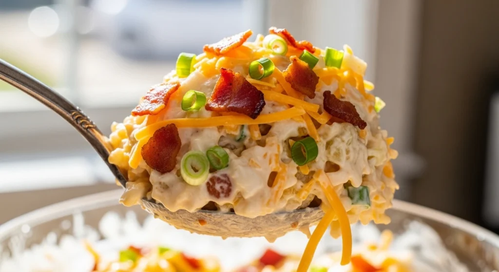 An extreme close-up of a silver serving spoon lifting a large scoop of the best potato salad with bacon and cheese, highlighting the thick sour cream dressing, vibrant cheddar shreds, and crispy bacon crumbles.