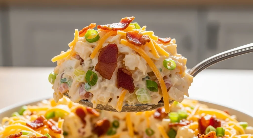 A brightly lit close-up of a vintage spoon holding a hearty scoop of steakhouse potato salad, showcasing tender potato cubes mixed with sharp cheddar cheese, crisp bacon, and a thick, creamy make-ahead dressing.