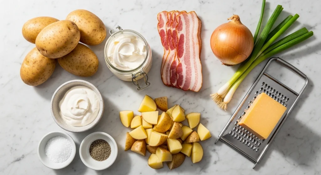 An overhead flat-lay photograph showing the fresh ingredients for a homemade loaded baked potato salad, including Russet potatoes, raw bacon, sour cream, mayonnaise, sharp cheddar cheese, and green onions on a white marble counter.