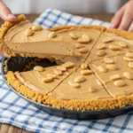 A candid action shot of a hand lifting a thick slice of creamy No-Bake Peanut Butter Pie out of a dark pie pan, resting on a blue and white checkered napkin.