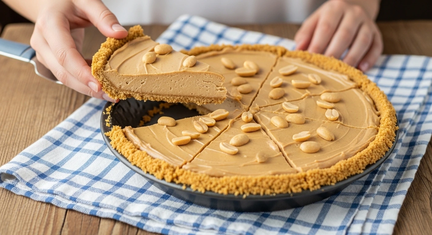 A candid action shot of a hand lifting a thick slice of creamy No-Bake Peanut Butter Pie out of a dark pie pan, resting on a blue and white checkered napkin.