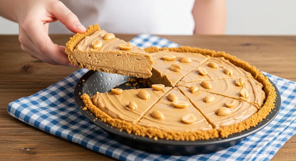 A close-up view of a hand serving a beautiful slice of this easy peanut butter pie recipe, showcasing the swirled light-tan filling, thick crust, and roasted peanut topping.