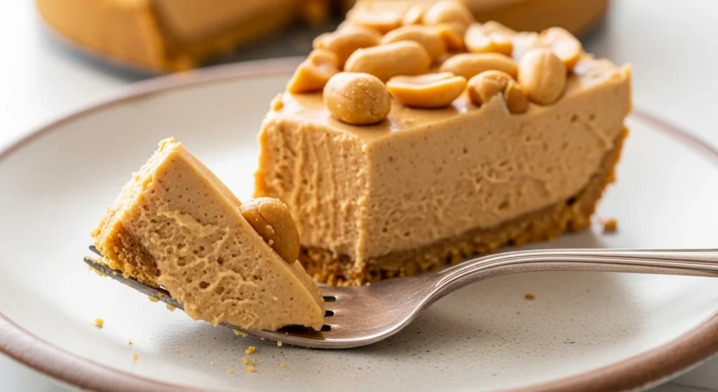 A detailed macro shot of a fork lifting a piece of Cool Whip peanut butter pie, showing the incredibly smooth, airy texture of the light-brown filling right before taking a bite.