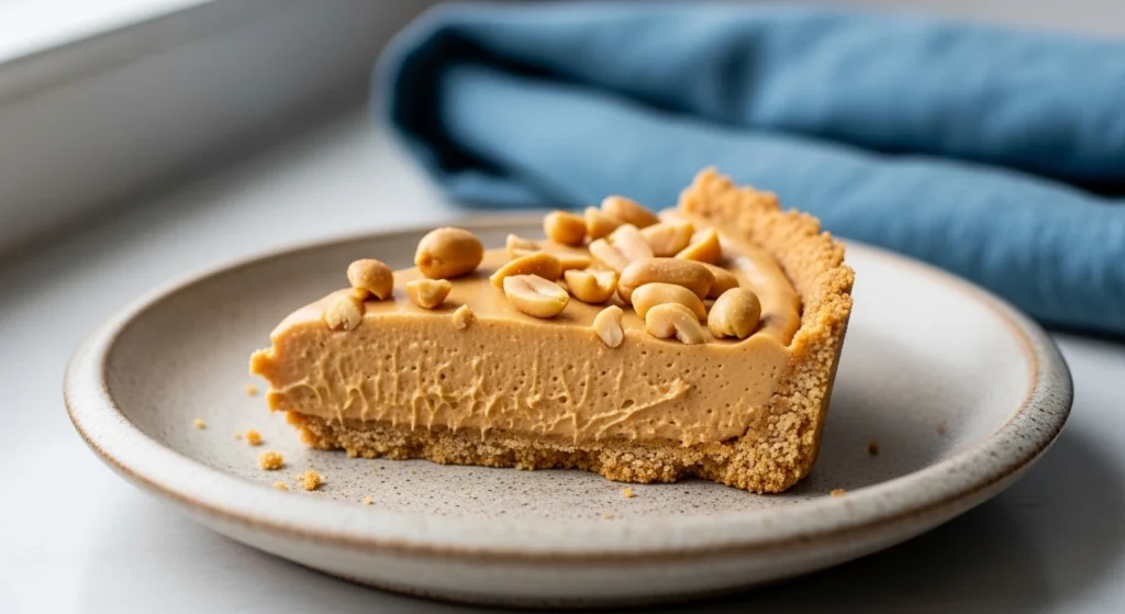 A perfectly cut wedge of peanut butter pie on an off-white stoneware plate with a blue linen napkin in the background, representing the ultimate quick no bake desserts for a family summer dinner.